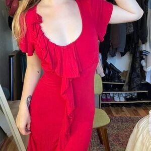 Pink Rose Red Ruffle-Front Midi Dress